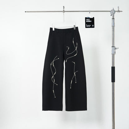 Wrinkle Beaded Draped Curved Wide Leg Trousers WN24146