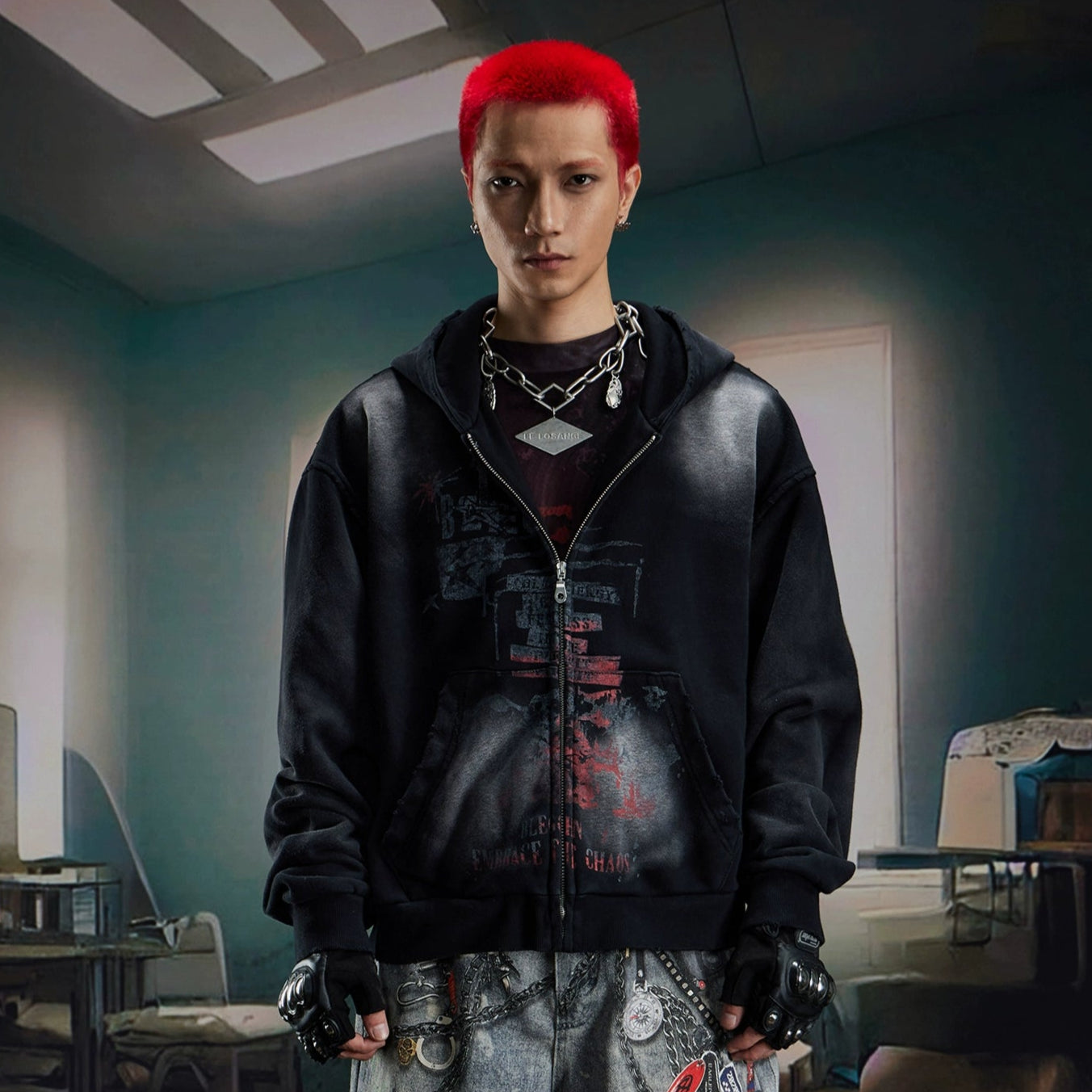 Washed Double-Side Print Zipper Hoodie WN20594