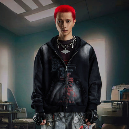 Washed Double-Side Print Zipper Hoodie WN20594