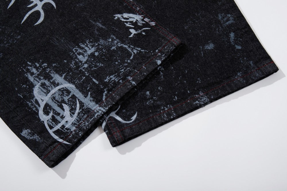 Graffiti Totem Print Wide Leg Denim Jeans WN27881