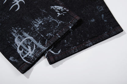 Graffiti Totem Print Wide Leg Denim Jeans WN27881