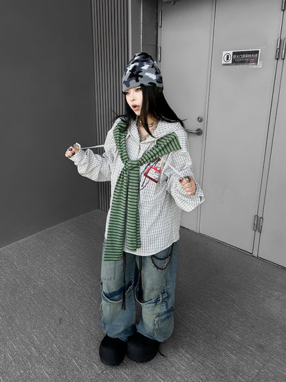 Multi-Pocket Washed Curved Wide Leg Cargo Denim Jeans WN24221