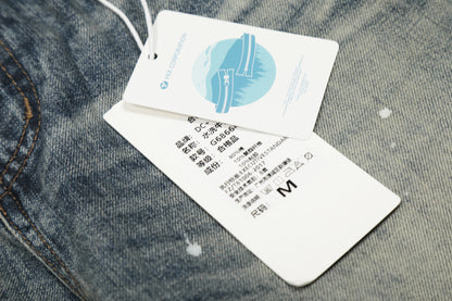 Washed Whisker Paint Splatter Curved Denim Jeans WN26141