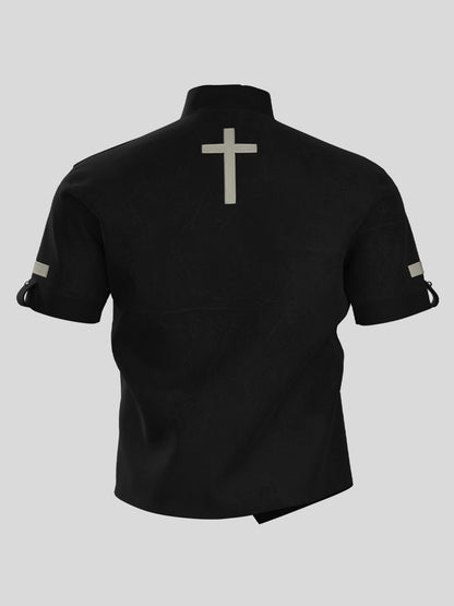 Stand Neck Metal Buckle Star Detail Short Sleeve Shirt WN27084