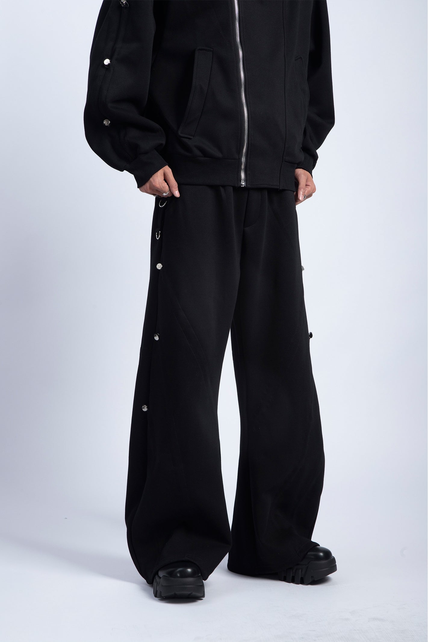 Metal Rivet Oversize Zipper Hoodie & Wide-Leg Pants Setup WN9221