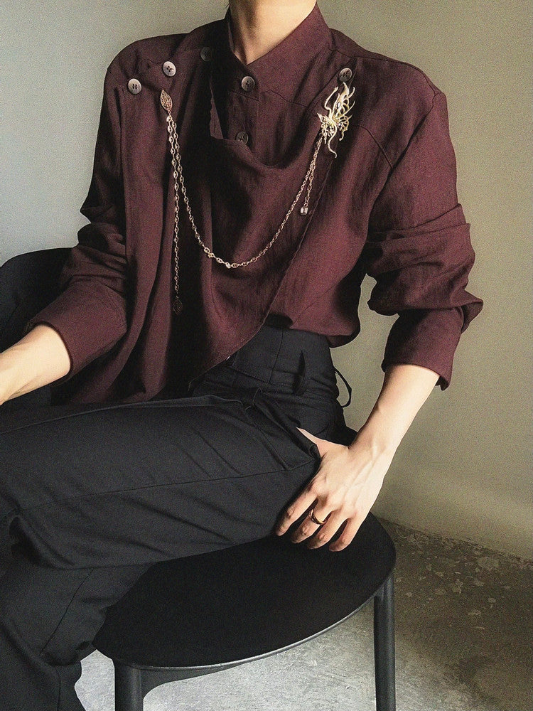 Standing-Collar Asymmetric Drape Long Sleeve Shirt WN23132