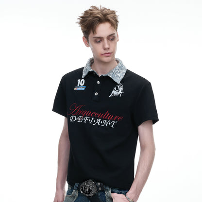 Sequin-Collar Letter Embroidery Cropped Oversize Polo Short Sleeve Shirt WN27025