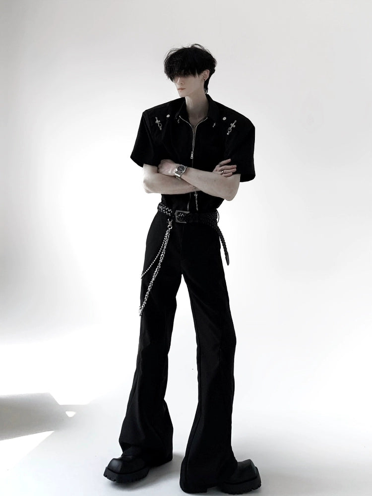 Metal Deconstruction Shoulder-Pad Zipper Short Sleeve Shirt WN20334