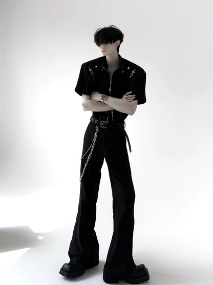 Metal Deconstruction Shoulder-Pad Zipper Short Sleeve Shirt WN20334