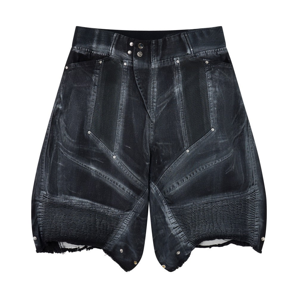 Multi-Panel Frayed Mesh Patchwork Half Pants WN27859