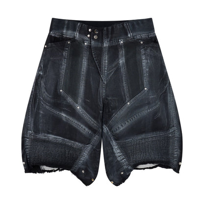 Multi-Panel Frayed Mesh Patchwork Half Pants WN27859