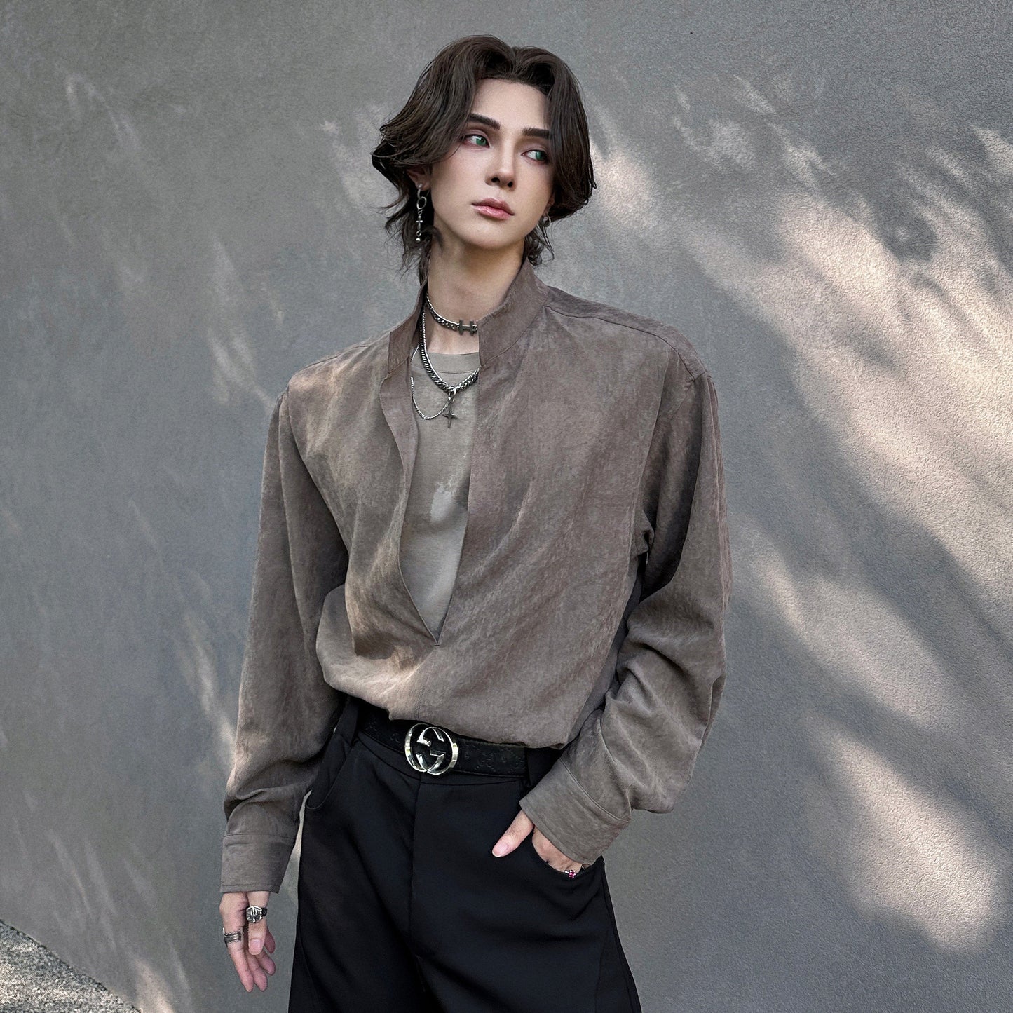 Oversize Deep V-Neck Long Sleeve Shirt WN25152