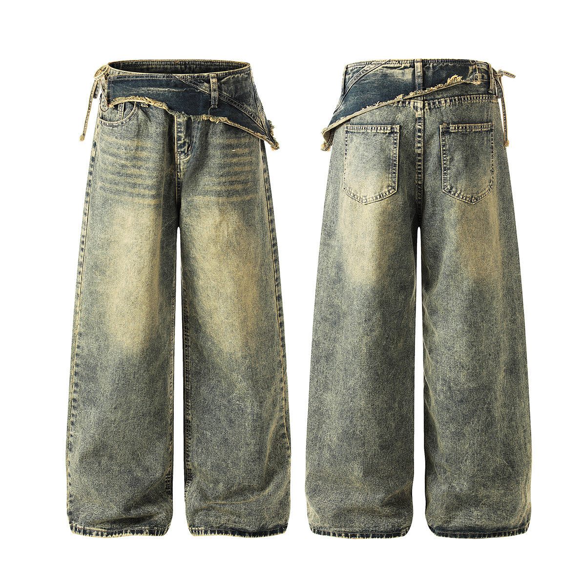 Washed Frayed Wide Leg Straight Denim Jeans WN23039