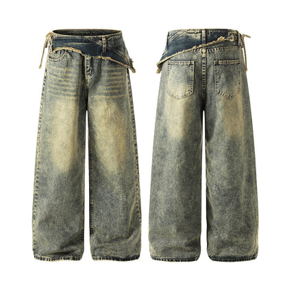 Washed Frayed Wide Leg Straight Denim Jeans WN23039