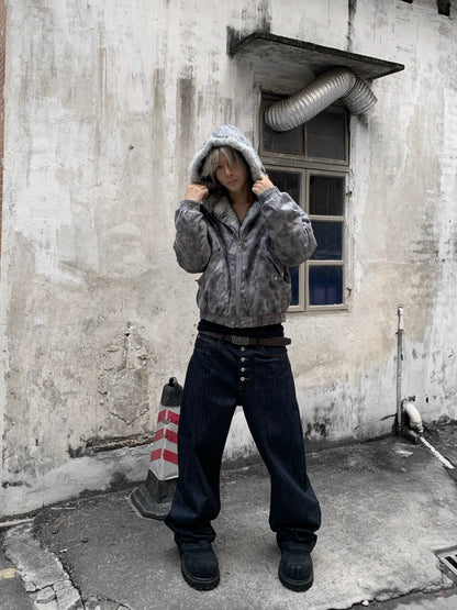 Washed Fake Fur-Collar Hooded Jacket WN22219