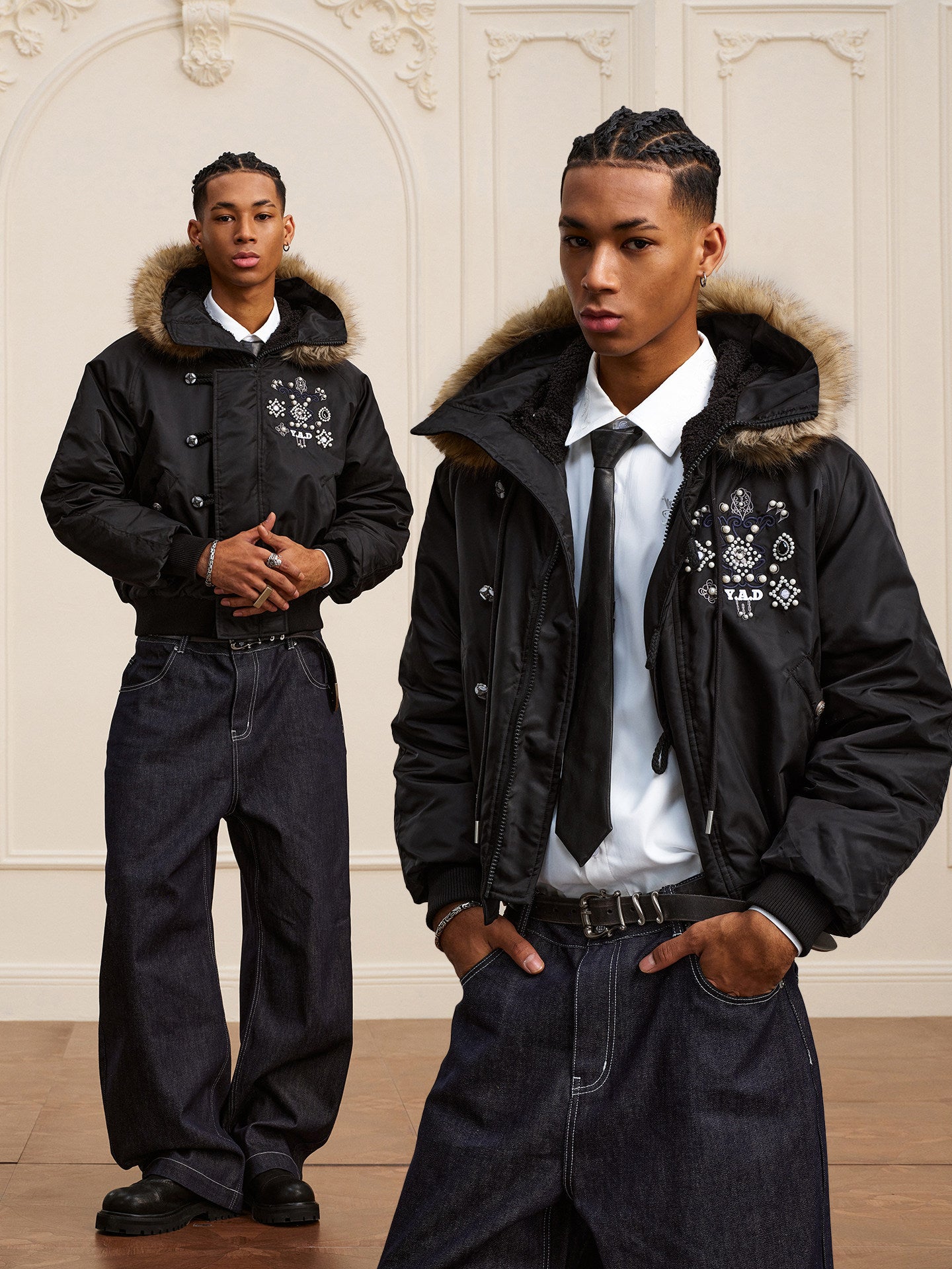 Fake Fur Collar Embroidery Puffer Jacket WN23213