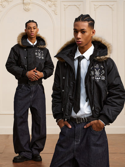 Fake Fur Collar Embroidery Puffer Jacket WN23213