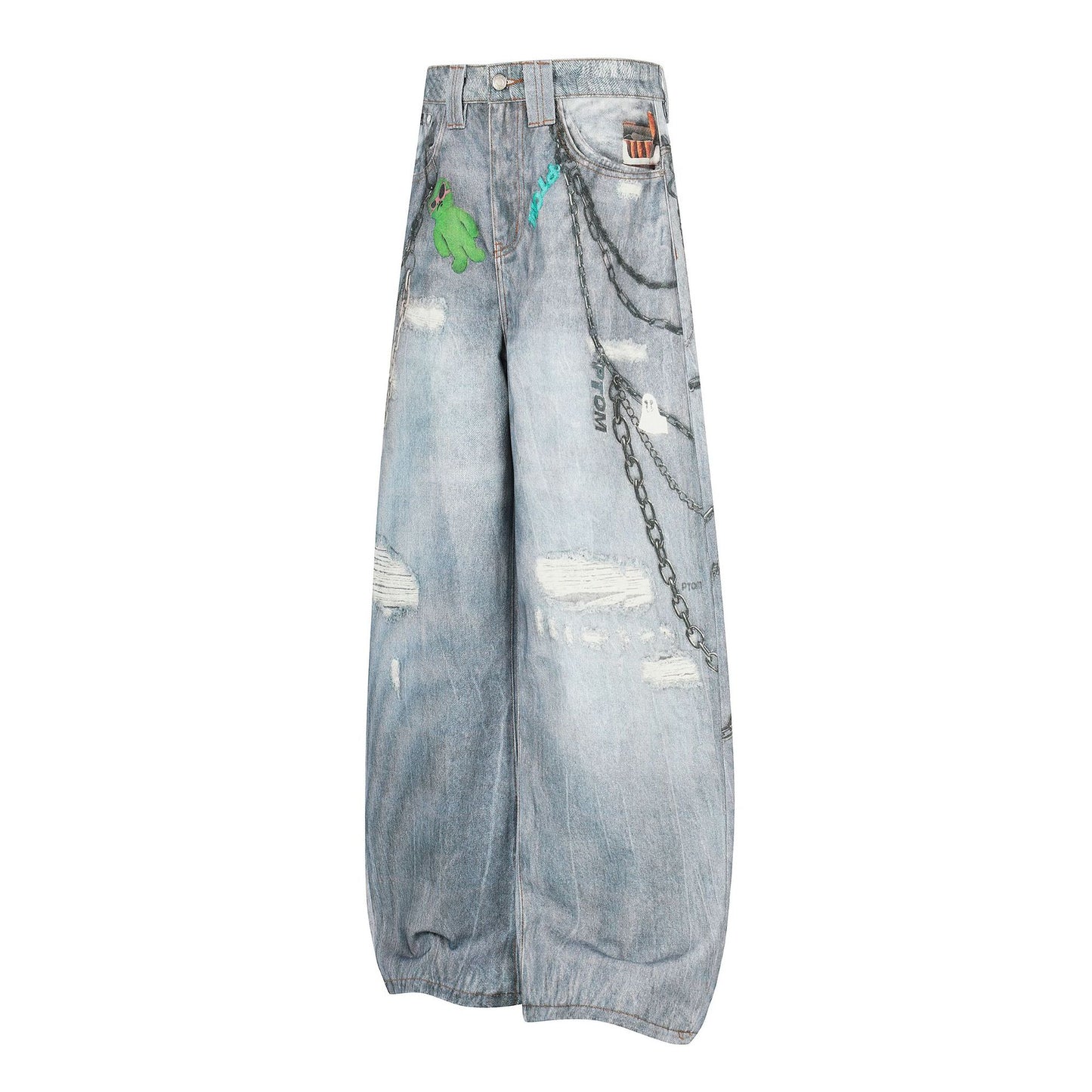 Washed 3D Print Curved Wide Leg Denim Jeans WN25920
