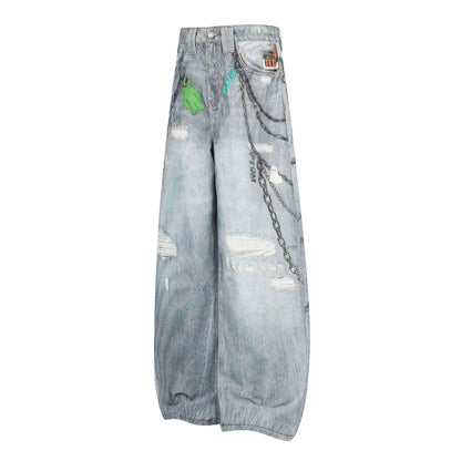 Washed 3D Print Curved Wide Leg Denim Jeans WN25920