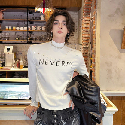 High-Neck Stud Letter Knit T-hsirt WN25145