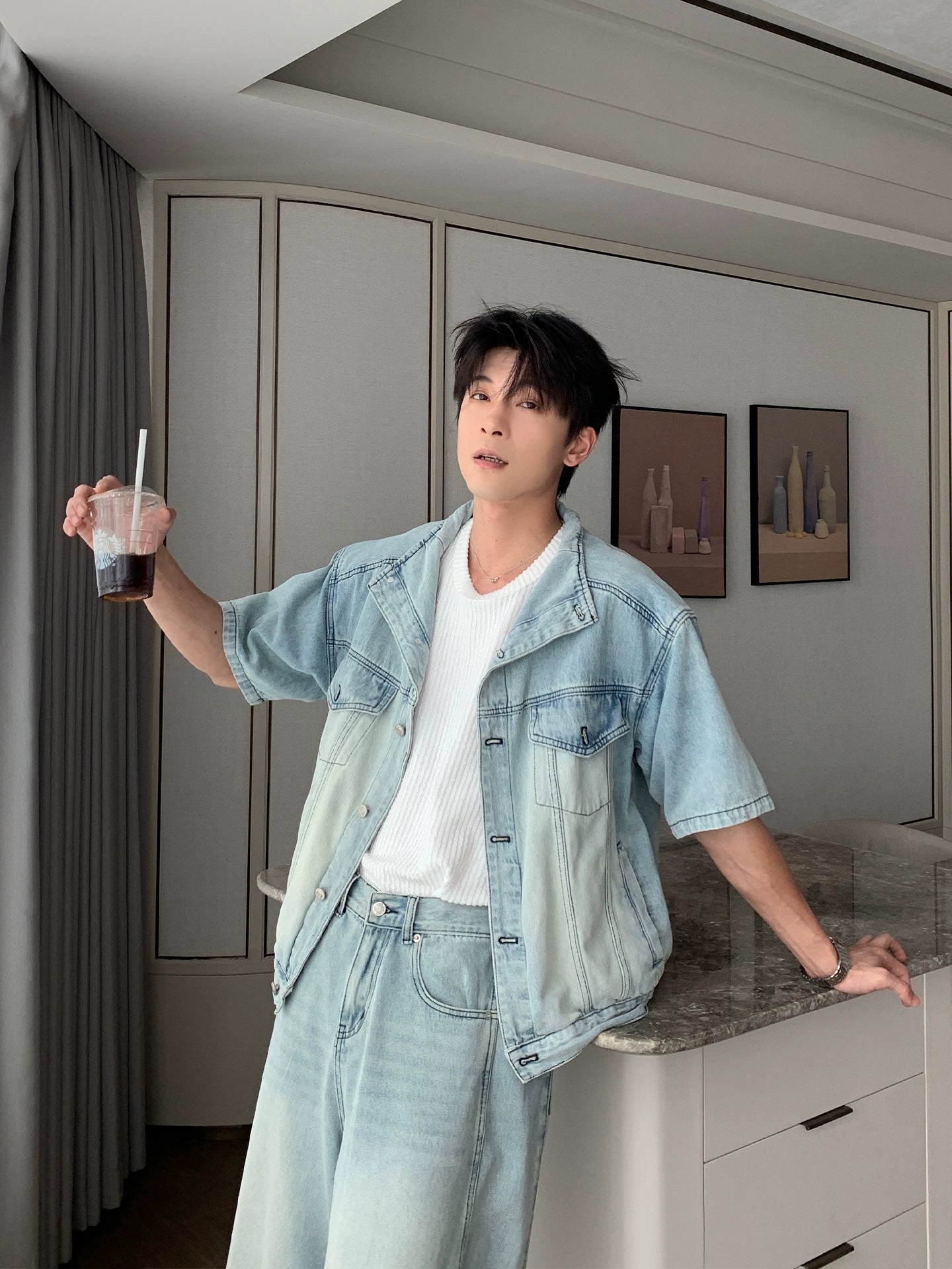 Denim Shirt Jacket & Wide Leg Denim Jeans Setup WN20451