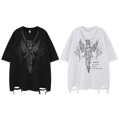 Necklace Print Damage Oversize Short Sleeve T-Shirt WN15052