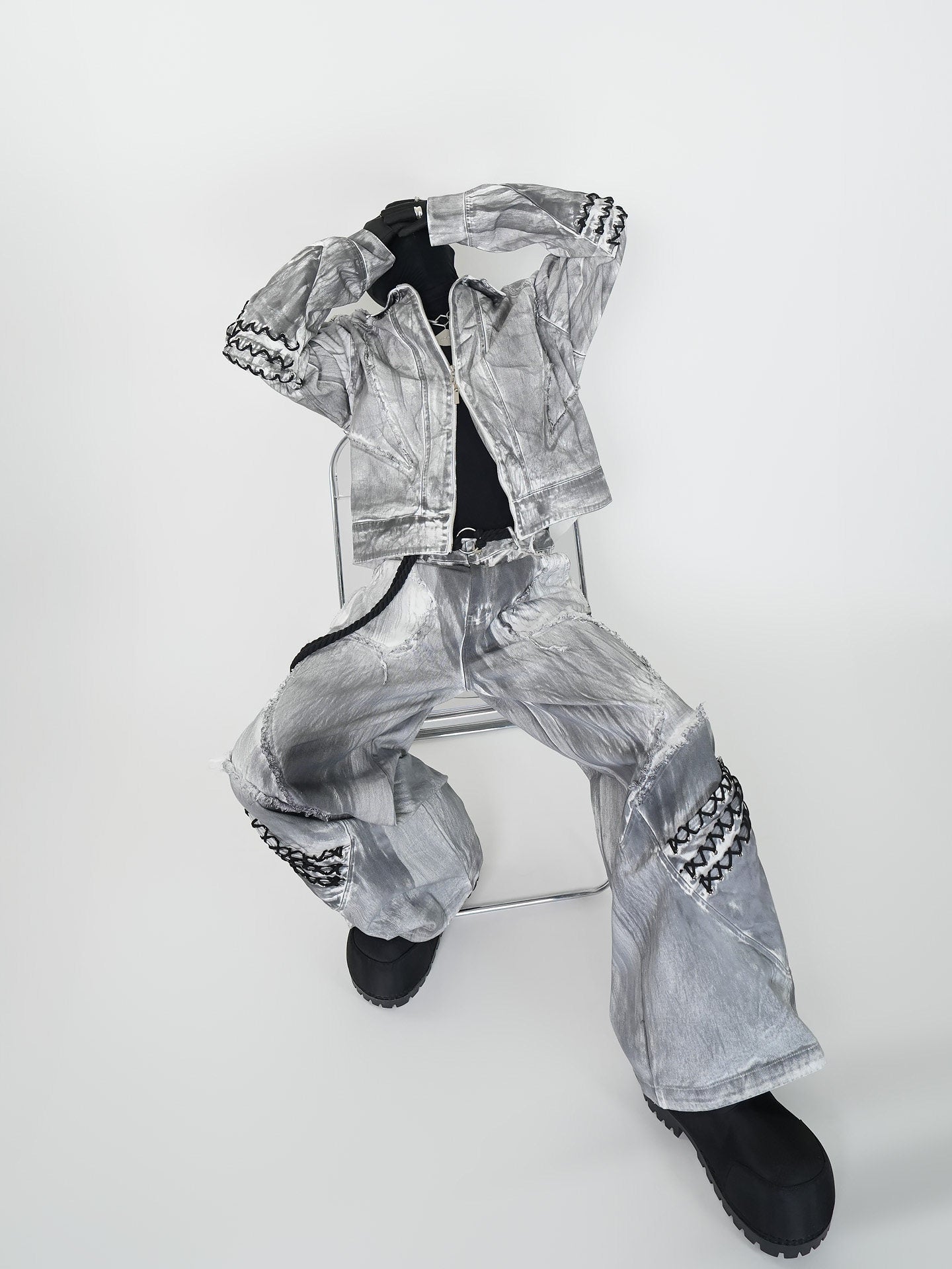 Dirty Washed Damage Shoulder-Pad Jacket & Wide Leg Denim Jeans Setup WN24149