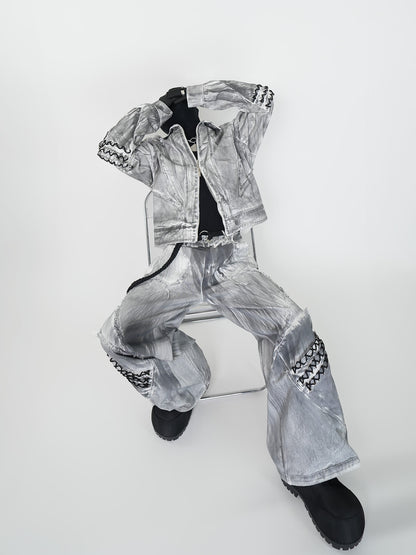 Dirty Washed Damage Shoulder-Pad Jacket & Wide Leg Denim Jeans Setup WN24149