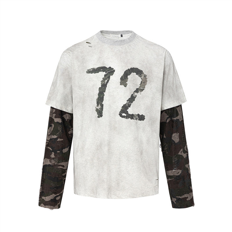 Fake Layered Number Print Damage Long Sleeve T-Shirt WN24286