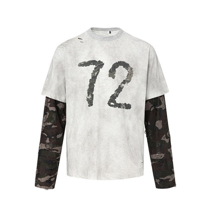 Fake Layered Number Print Damage Long Sleeve T-Shirt WN24286
