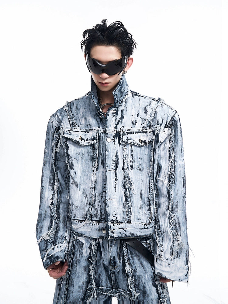 Heavy-Duty Coated Damage Denim Jacket & Micro Flare Denim Jeans Setup WN10180