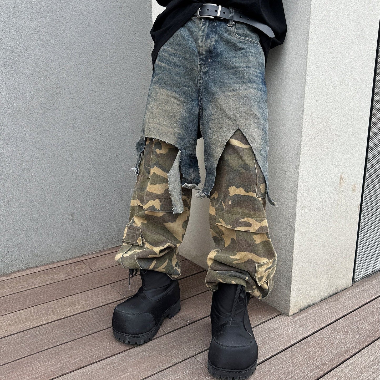 Camouflage Fake Layered Damage Wide Leg Denim Jeans WN22947