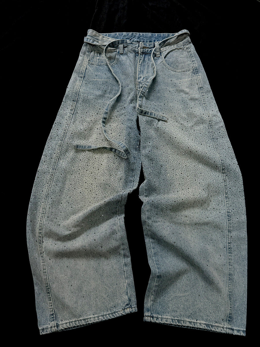 Rhinestone Drawstring Wide Leg Denim Jeans WN25560
