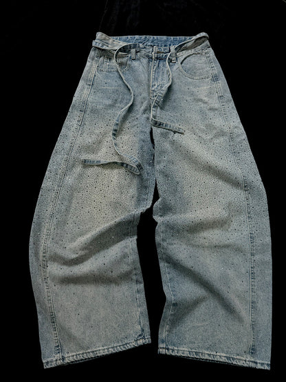 Rhinestone Drawstring Wide Leg Denim Jeans WN25560