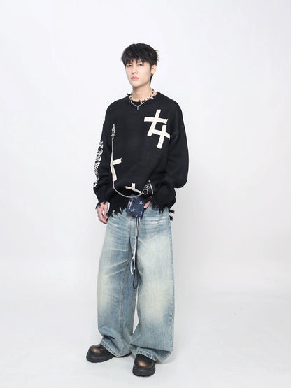 Gothic Cross Jacquard Oversize Knit Sweater WN21053