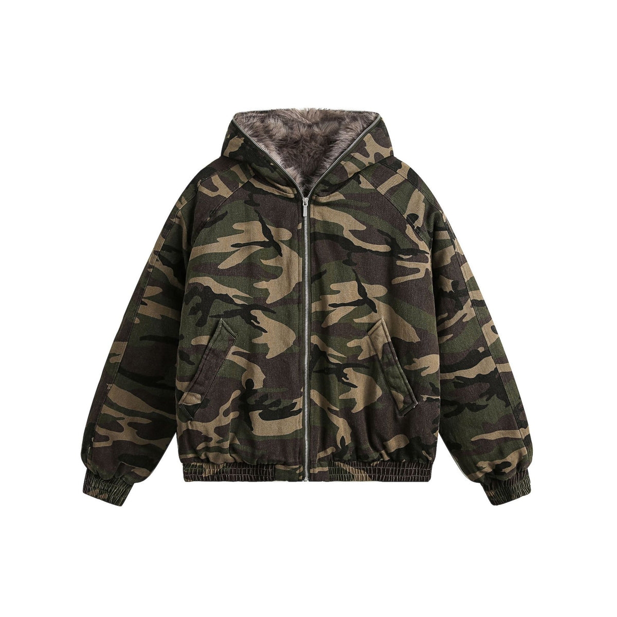 Camouflage Fake Fur Collar Hooded Puffer Jacket WN28044