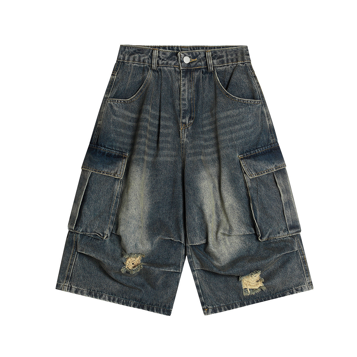Washed Damage Cargo Pocket Denim Half Pants WN25699