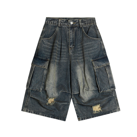 Washed Damage Cargo Pocket Denim Half Pants WN25699