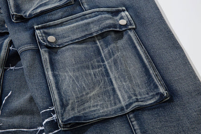 Cargo Pocket Embroidery Wide Leg Denim Jeans WN25718