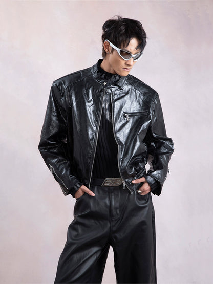 Glossy PU Leather Zipper Short Jacket WN9306