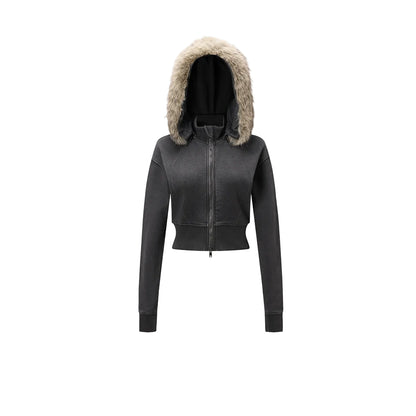 Fake Fur Lining Zip-Up Cropped Zipper Hoodie WN23115