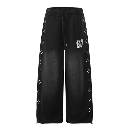 Washed Studs Number Print Wide Leg Pants WN25536