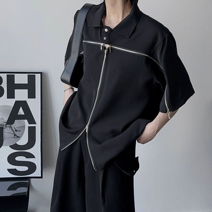 Zipper Design Oversize Short Sleeve Polo Shirt WN19338