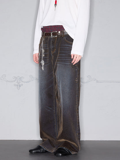 Washed Damage Button Flocking Flare Denim Jeans WN17886