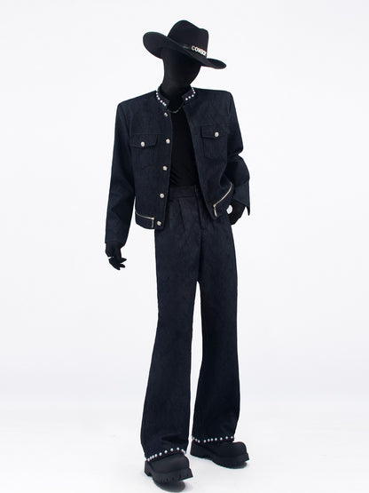 Pearl Decor Short Jacket & Pearl Decor Wide Leg Pants Setup WN23729