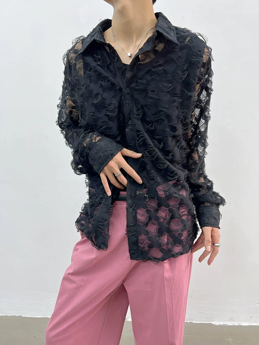 Lace Mesh Oversize Long Sleeve Shirt WN7371