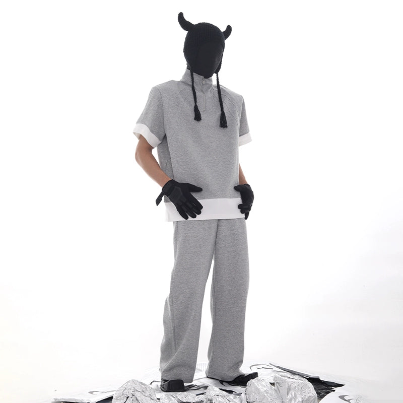 Half Zipper Stand Neck Shoulder-Pad Short Sleeve T-Shirt & Sweatpants Setup WN18620