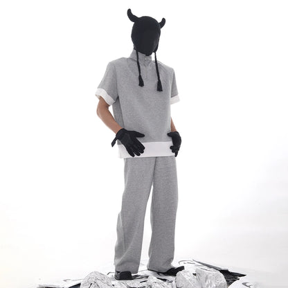 Half Zipper Stand Neck Shoulder-Pad Short Sleeve T-Shirt & Sweatpants Setup WN18620