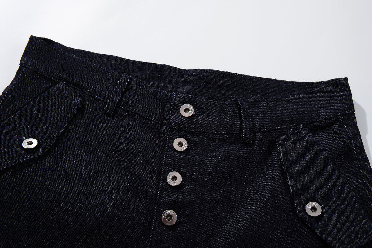 Multi-Button Deconstructed Draped Wide Leg Denim Jeans WN27903