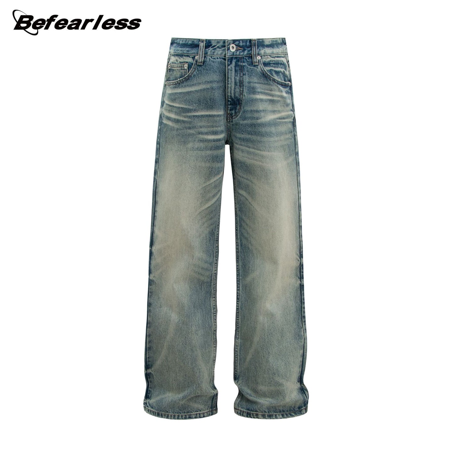 Washed Whisker Straight Wide Leg Denim Jeans WN26356